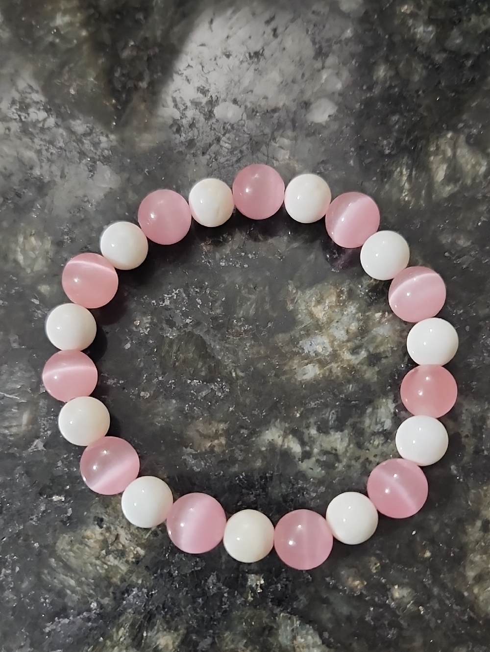 Handmade Pink Cat's Eye and White Glass Beaded Bracelet